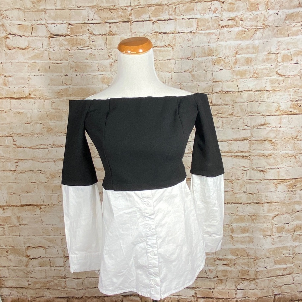 Do + Be Off Shoulder Black & White Top. Black Top Over White Cotton Shirt Sz M